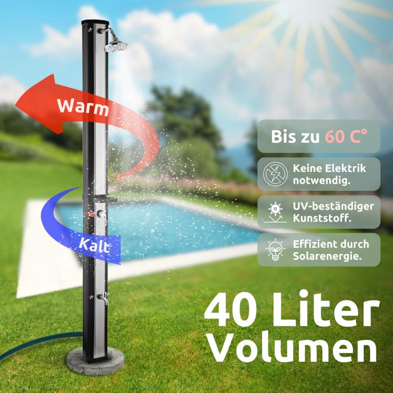 Solardusche bis 60 Grad heißes Wasser