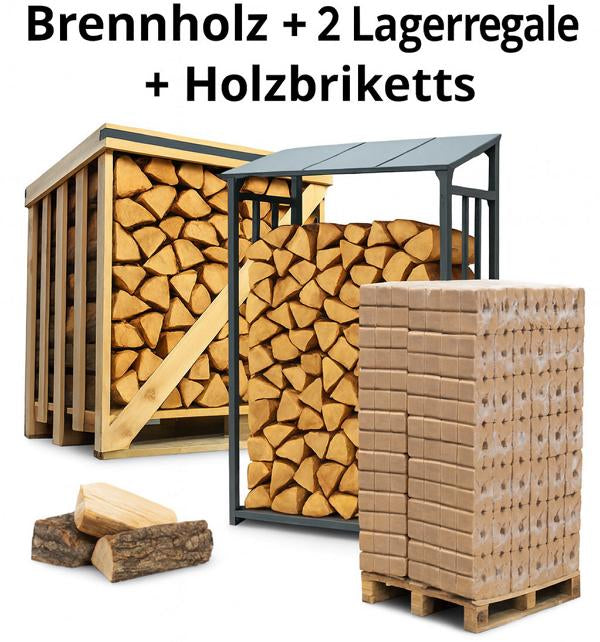 Kombi Brennholz-Holzbriketts-Lagerregal aussen und innen