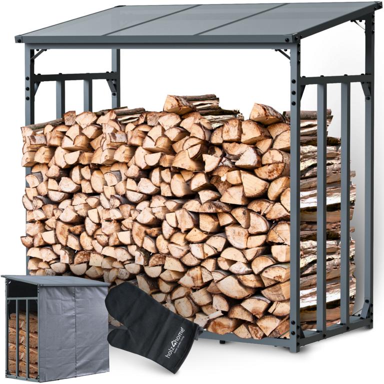 Holzlagerregale unterschiedlicher Größe, mit Regendach und Wetterschutzplane