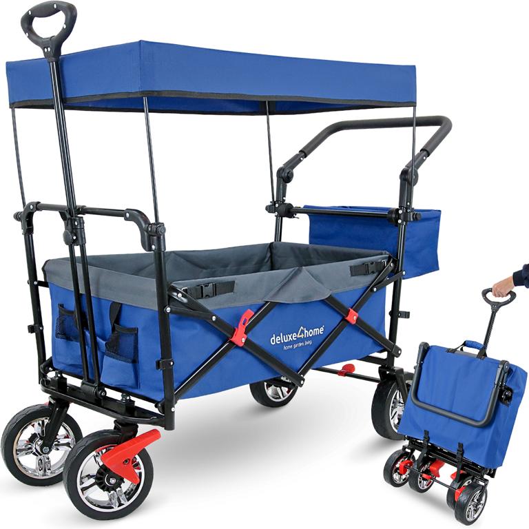 Bollerwagen blau mit Strassenraeder und Dach