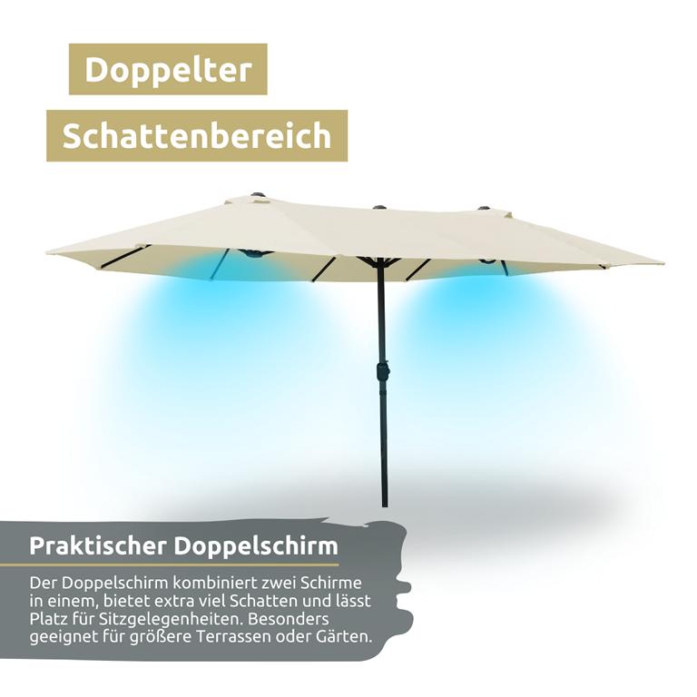 Doppelsonnenschirm creme mit doppeltem Schattenbereich