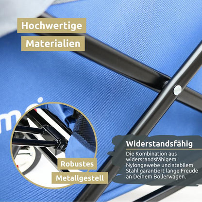 Material Bollerwagen blau mit Dach und Strassenraeder