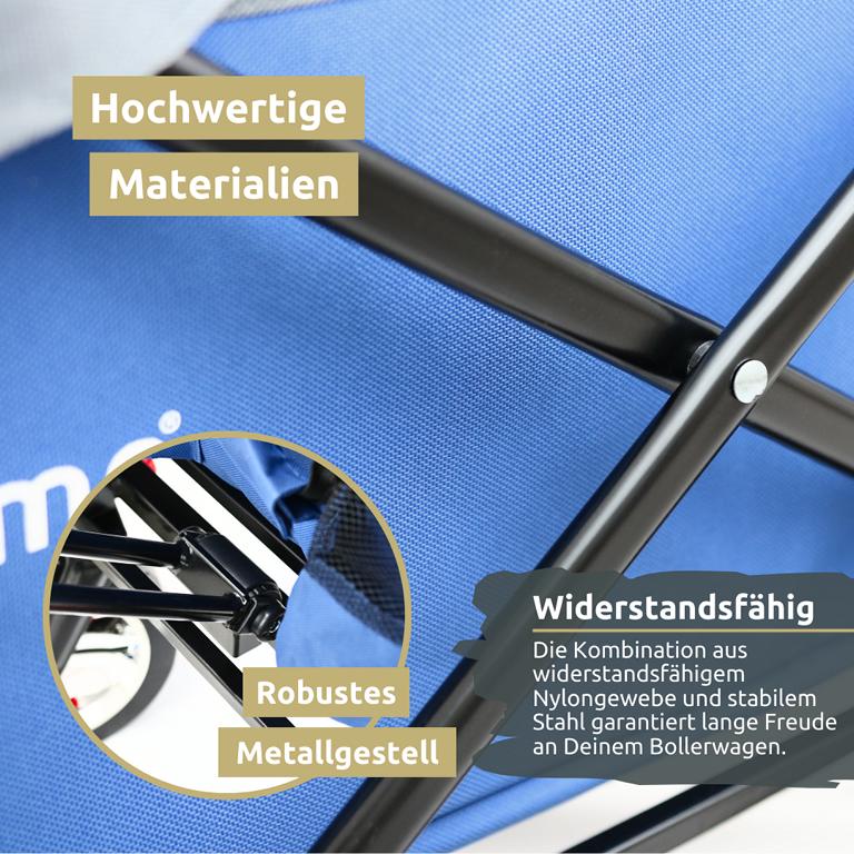 Material Bollerwagen blau mit Dach und Strassenraeder