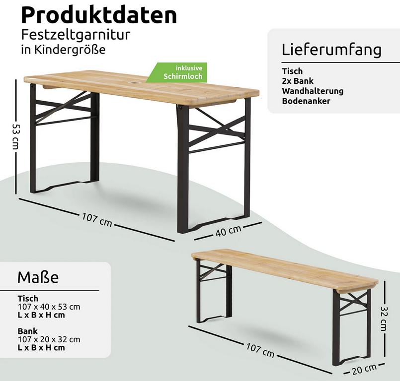 Bierzeltgarnitur für Kinder, Daten